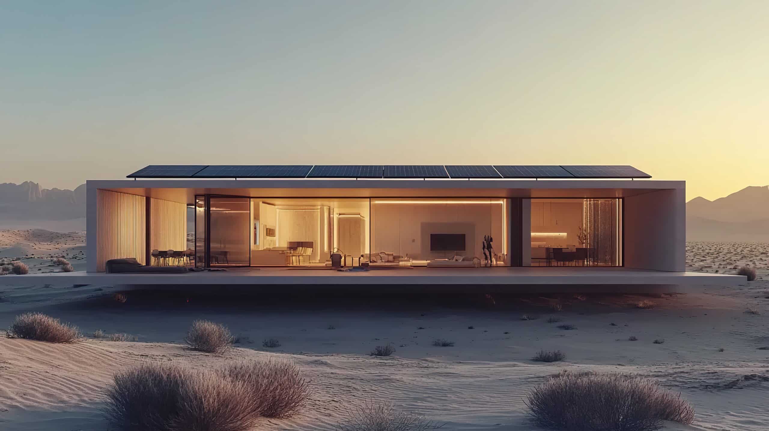 Modern minimalist desert banrdo with solar panels at sunset