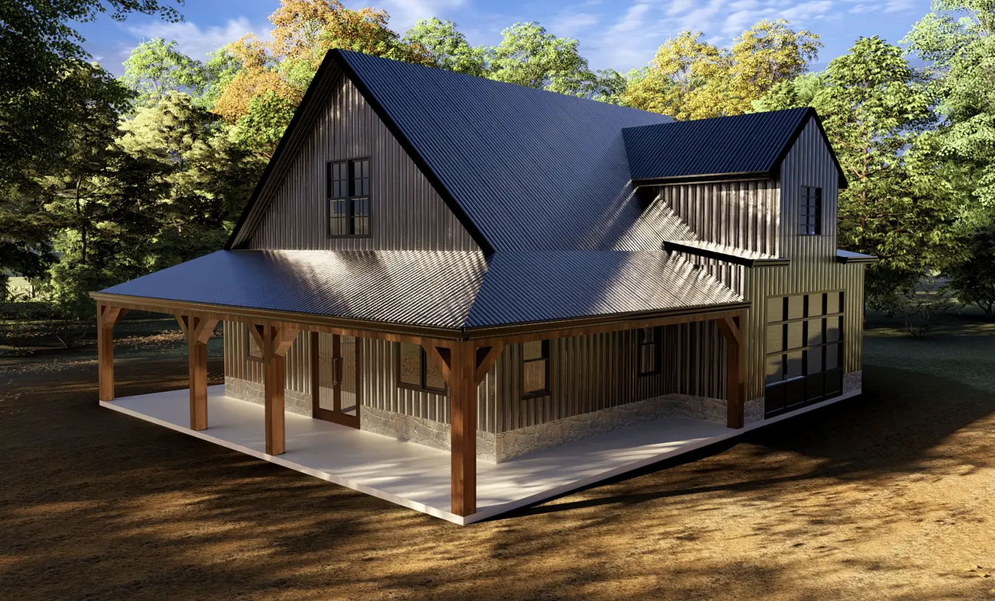 3D barndominium design concept for a Central Texas project showing metal siding, steep rooflines, and covered outdoor living areas.
