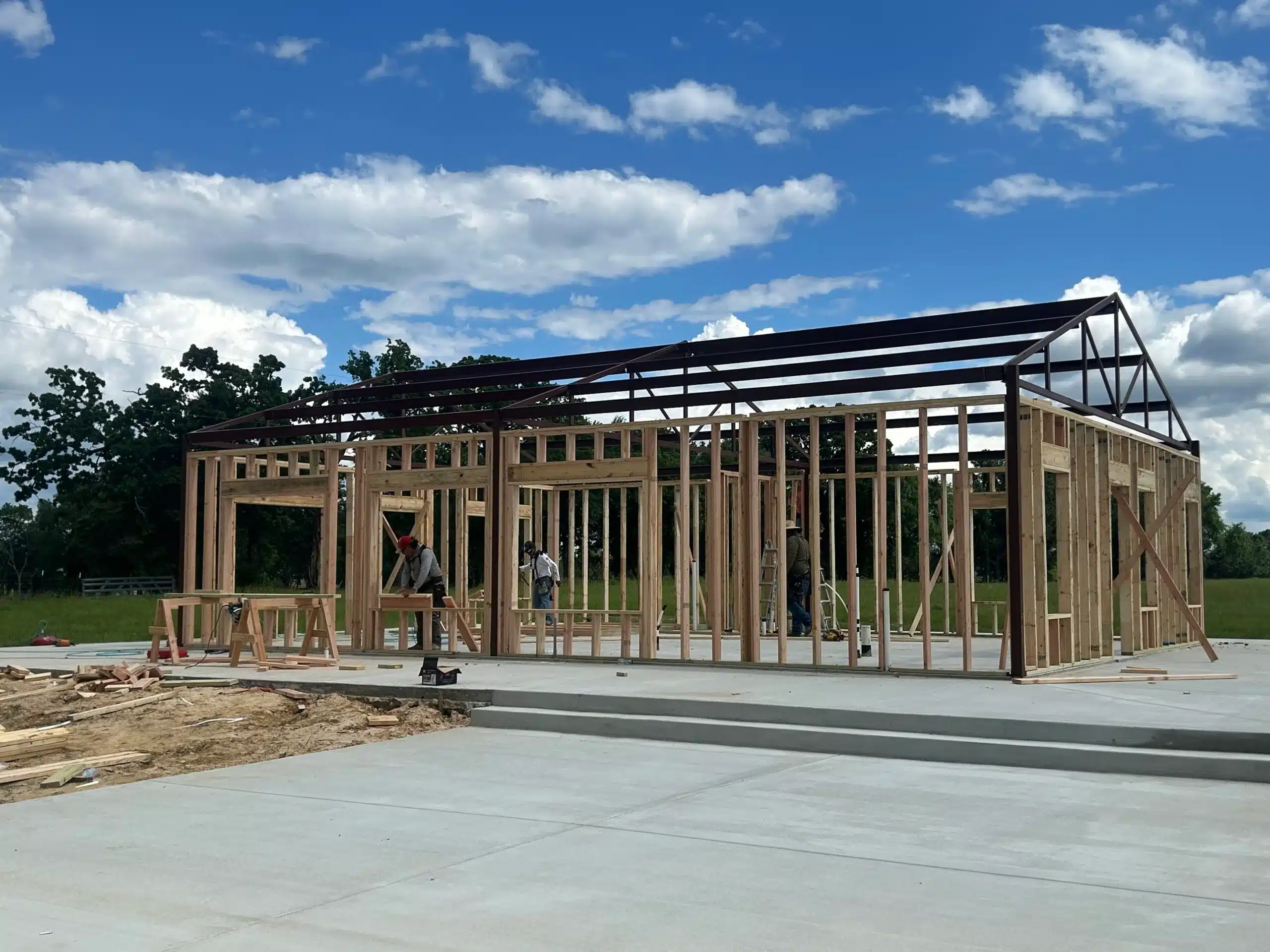 Framing of a barn-style building.