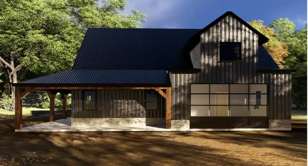Modern barn-style house with porch and green nature around with grass and natural land.