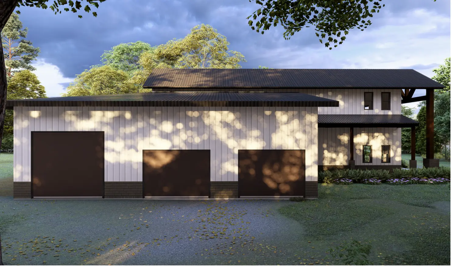 Modern barndominium with garage doors