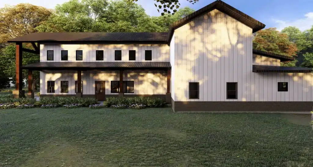 Modern barndominium surrounded by greenery, located in Central Texas ETJ