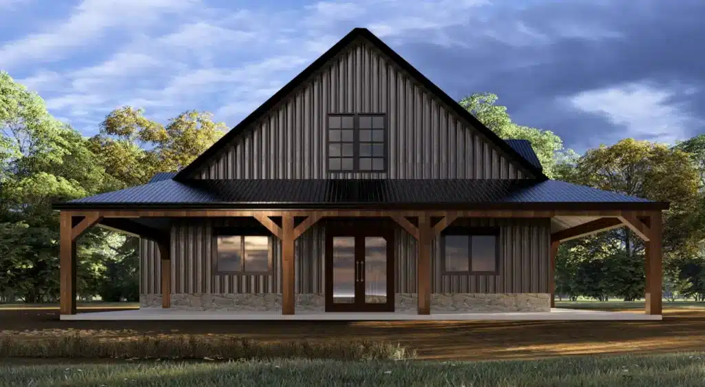 Modern custom barndominium on a Texas land built in 3D with wooden accents.