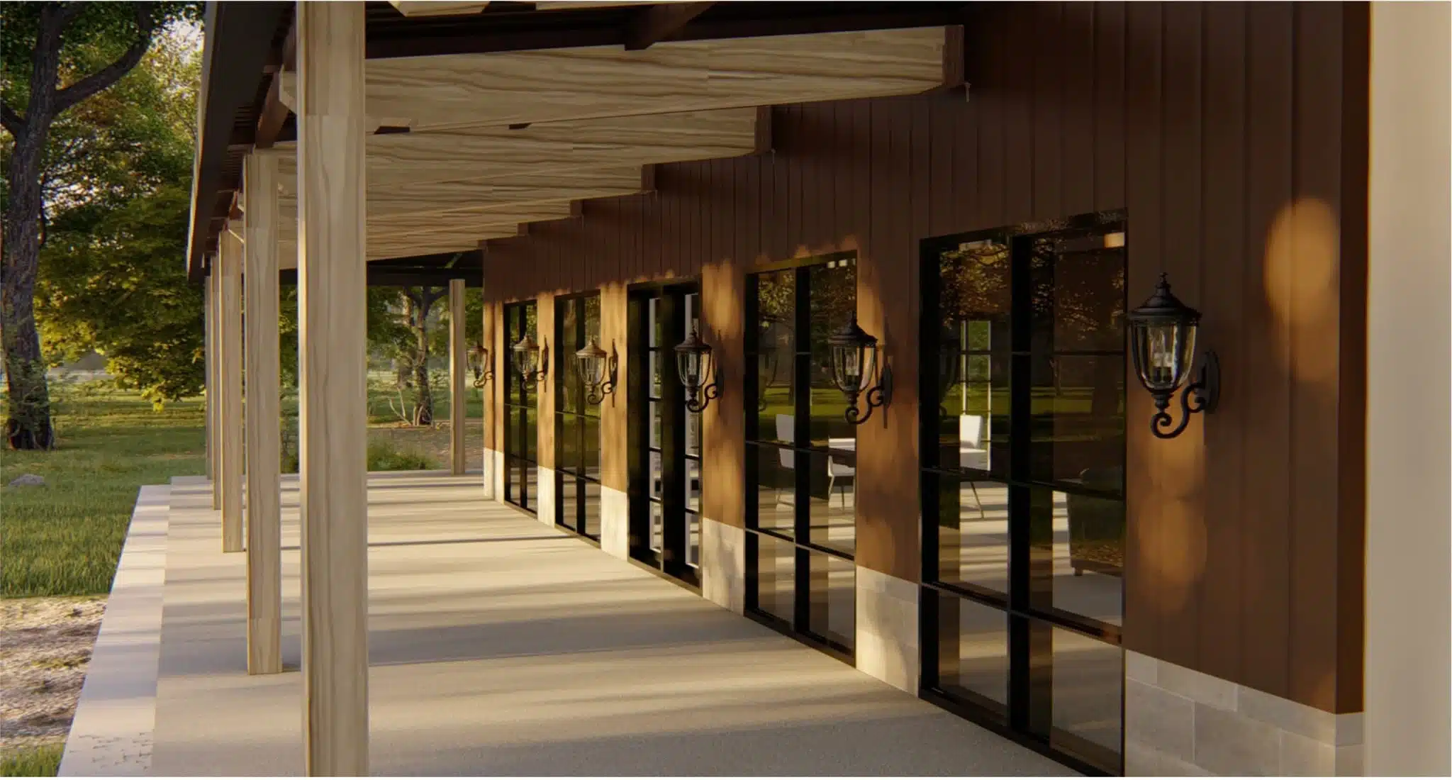 Modern exterior with large windows.