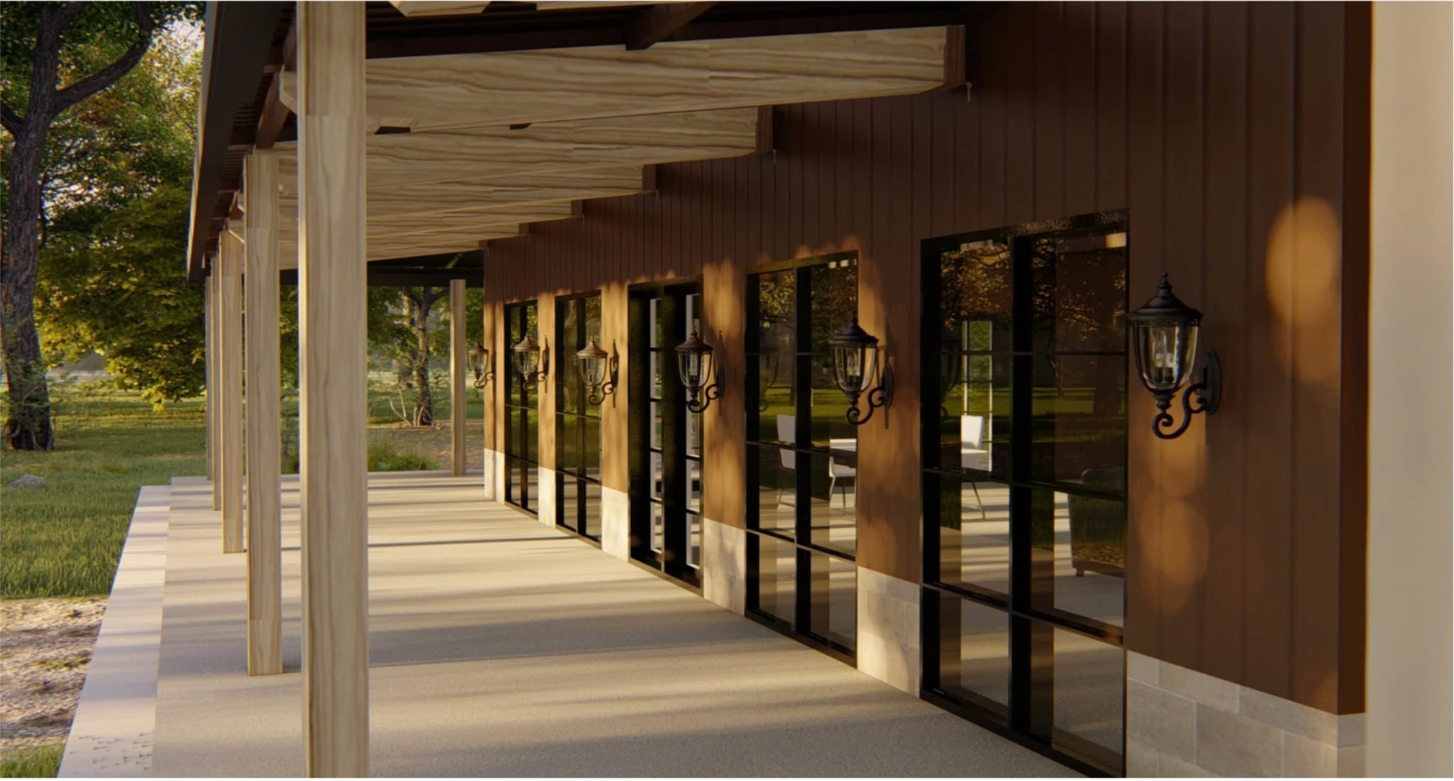 Large porch and entrance of a barndominium that's been finalised by our design team