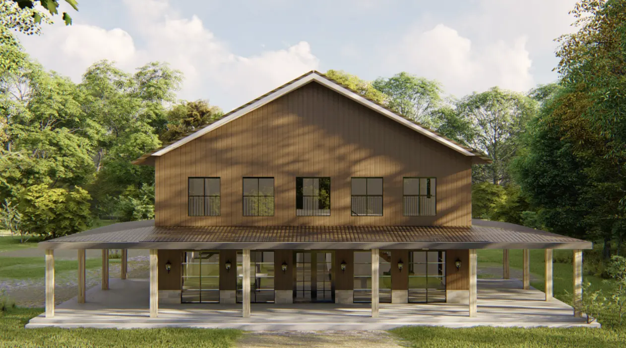 Modern barndominium in natural setting with brown walls and big porch