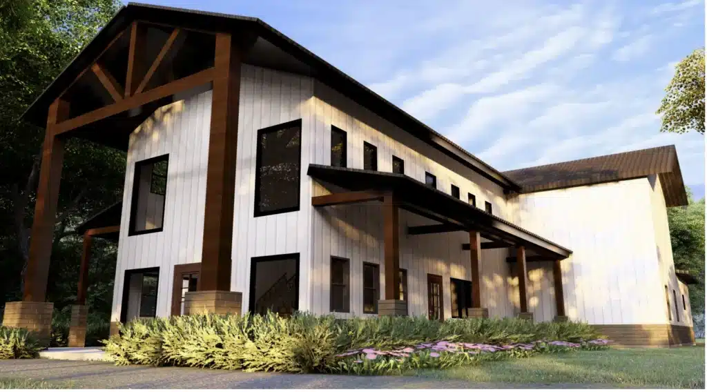 Modern barndominium with rustic design. White in colour and in a L shape with dark brown roof.