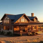 Stylish barndominium build at sunset.