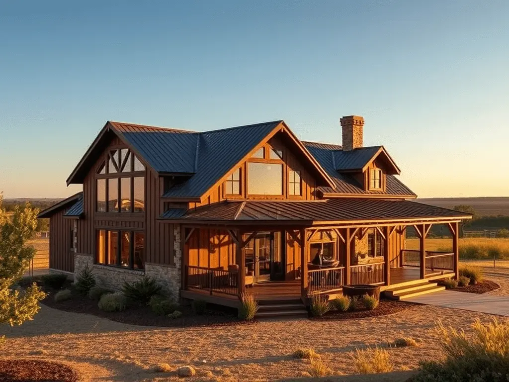Stylish barndominium build at sunset.
