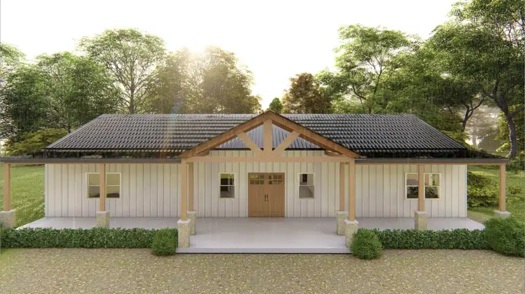 Modern barndominium in Texas surrounded by greenery.