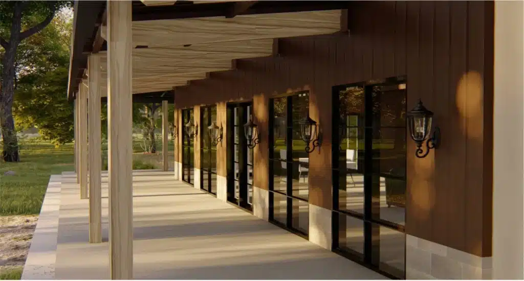 Image showing french windows and doors of a brown barndominium