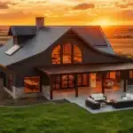 Modern barn home at sunset.