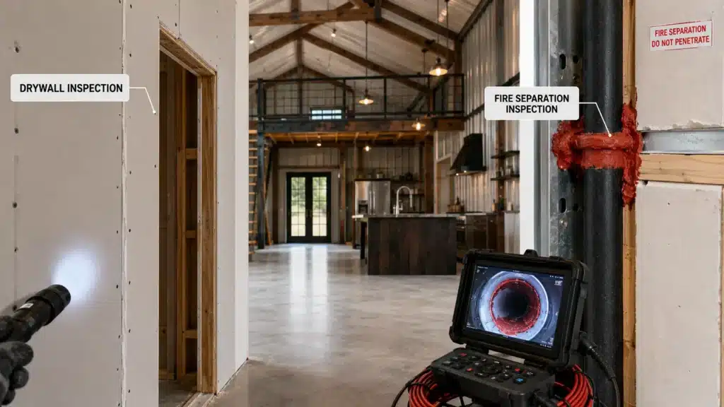 live drywall and fire separation inspection inside a barndominium