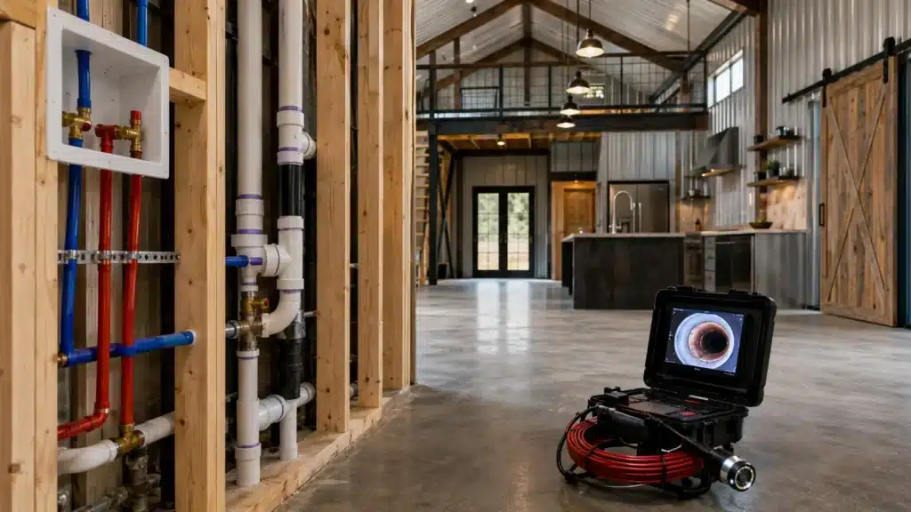 plumbing inspection in action inside a newly build barndominium