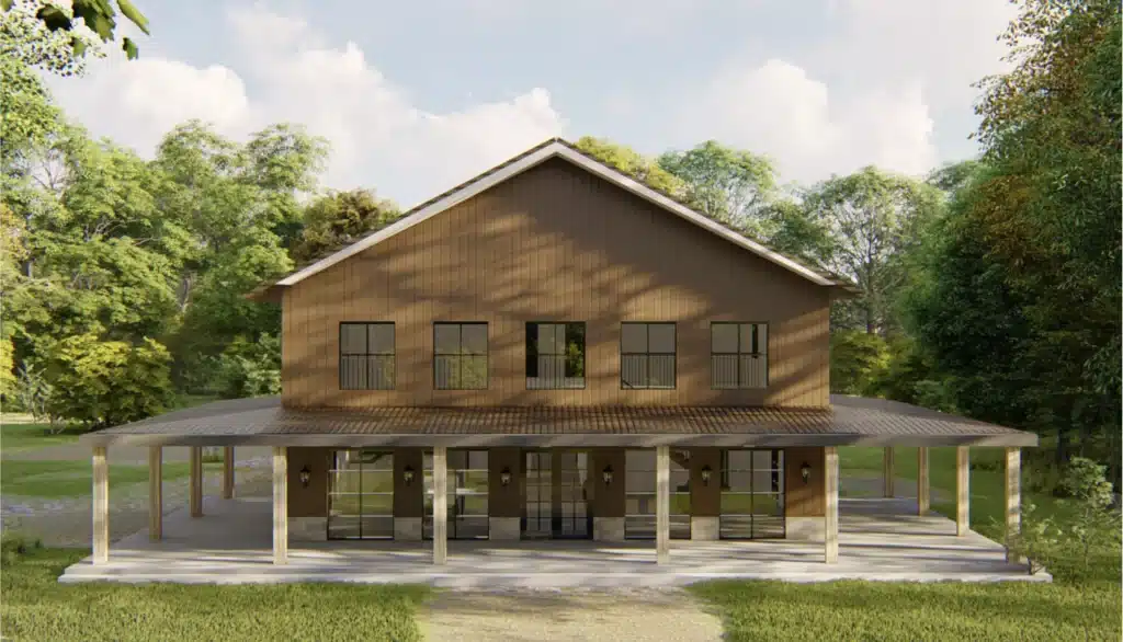 Dark and light brown colored barndominium designed for South Texas climate