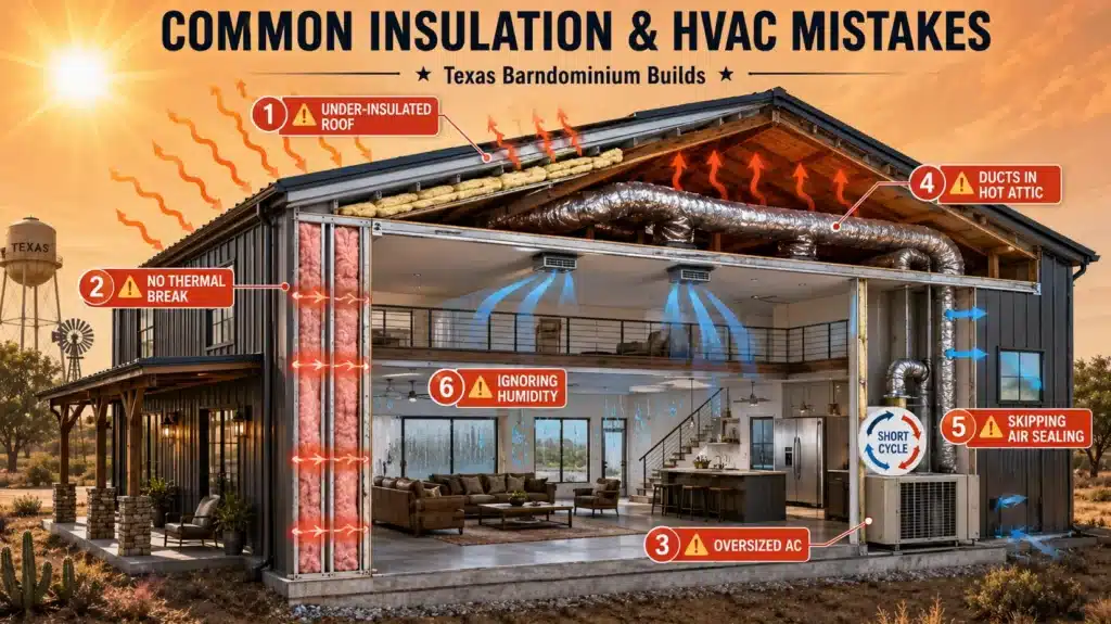 Cutaway Texas barndominium highlighting common energy-efficiency mistakes such as poor roof insulation, thermal bridging, oversized AC, and leaky ducts.