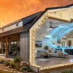 Cutaway Texas barndominium showing spray foam insulation, AC airflow, and heat protection strategies for better comfort and lower cooling costs.