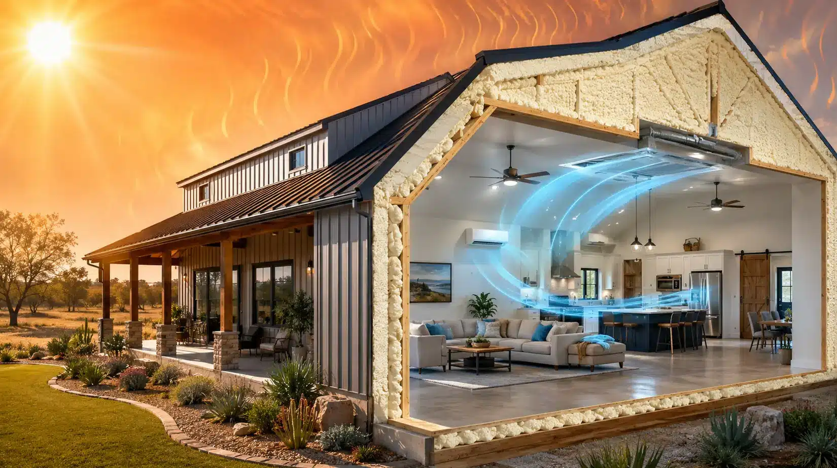 Cutaway Texas barndominium showing spray foam insulation, AC airflow, and heat protection strategies for better comfort and lower cooling costs.