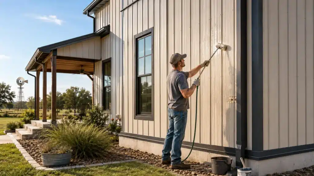 Homeowner washing the vertical metal siding of a Texas barndominium, showing routine exterior upkeep around trim, windows, and the foundation edge.