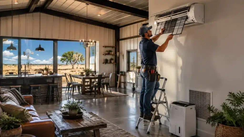 HVAC technician servicing a wall-mounted mini-split system inside a spacious Texas barndominium with high ceilings and a sunny rural view outside.