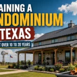Modern Texas barndominium with metal roofing and siding, shown under a bright blue sky with visual maintenance cues for long-term home care.