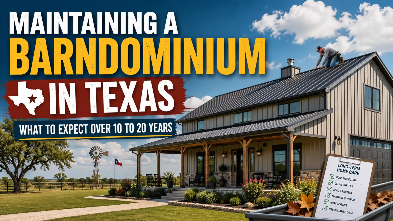 Modern Texas barndominium with metal roofing and siding, shown under a bright blue sky with visual maintenance cues for long-term home care.