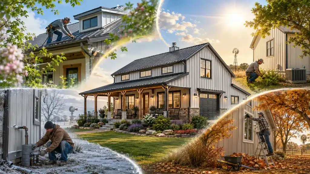 Texas barndominium surrounded by seasonal maintenance scenes, including roof inspection, HVAC care, leaf cleanup, and winter pipe protection.