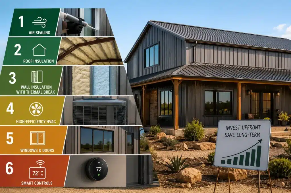 Energy-efficiency budgeting infographic for Texas barndominiums, ranking air sealing, roof insulation, wall insulation, HVAC, windows, and smart controls.