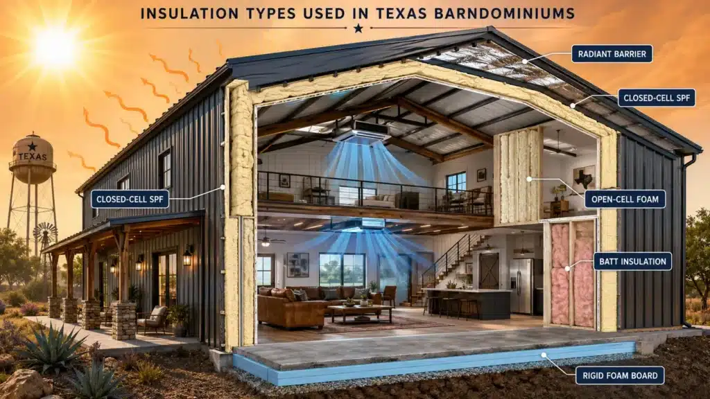 Visual guide to common barndominium insulation types, including closed-cell spray foam, open-cell foam, rigid board, batt insulation, and radiant barriers.