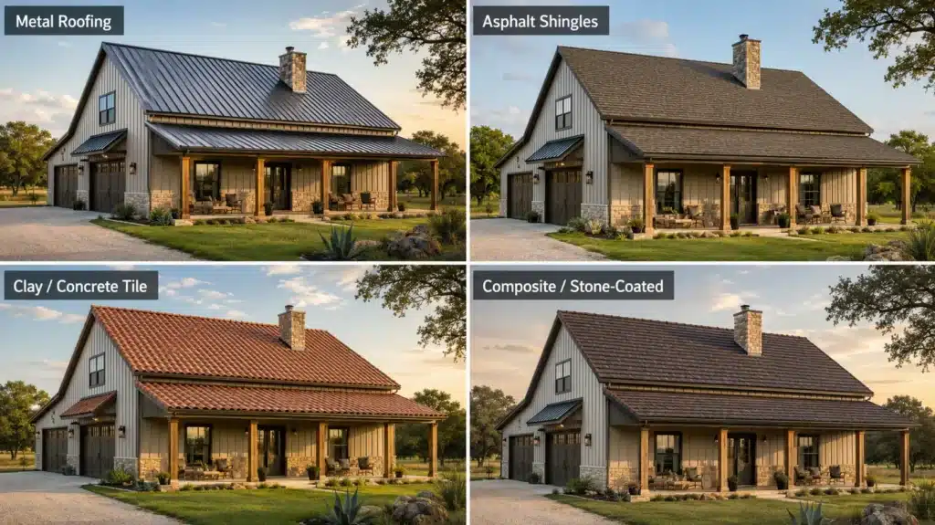 All four types of roofing for barndominiums explained - metal roofing, asphalt shingles, clay/concrete tile and composite  / stone coated.