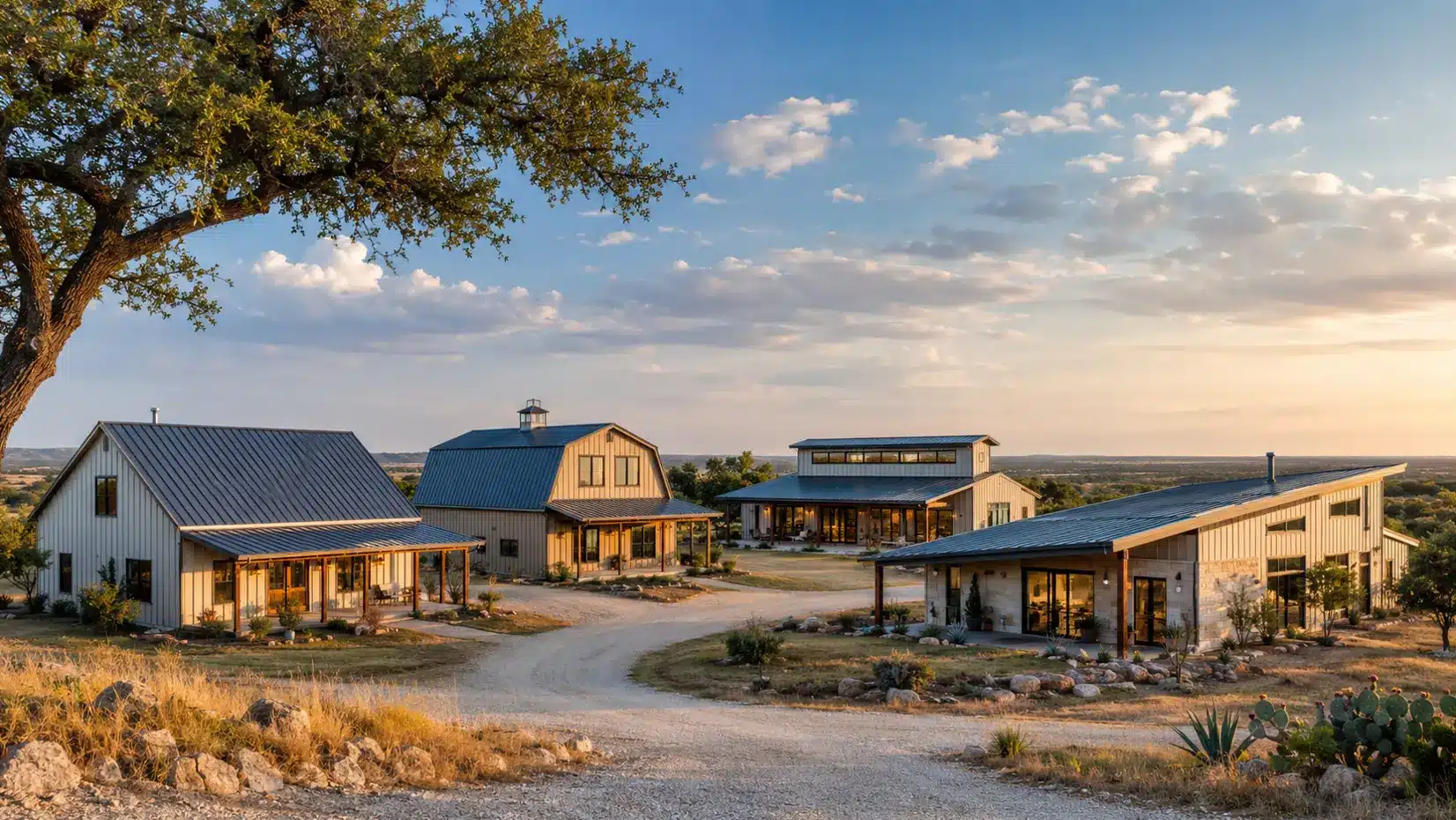 four barndominium buildings in Texas with different types of roofs
