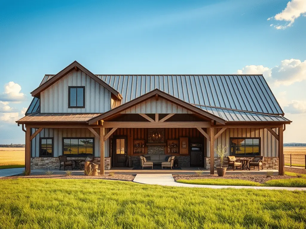 Brown two-story barndominium with covered front porch and attached garage on a wooded Jacksonville, Texas property