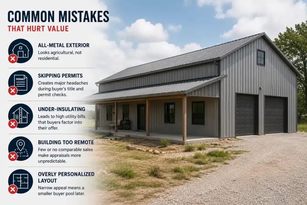 Basic all-metal Texas barndominium with an infographic showing resale mistakes including skipped permits, poor insulation, remote location and an overly personalized layout.