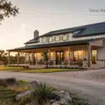Modern Texas barndominium at sunset with a for-sale sign, illustrating barndominium resale value and long-term market demand in Texas.
