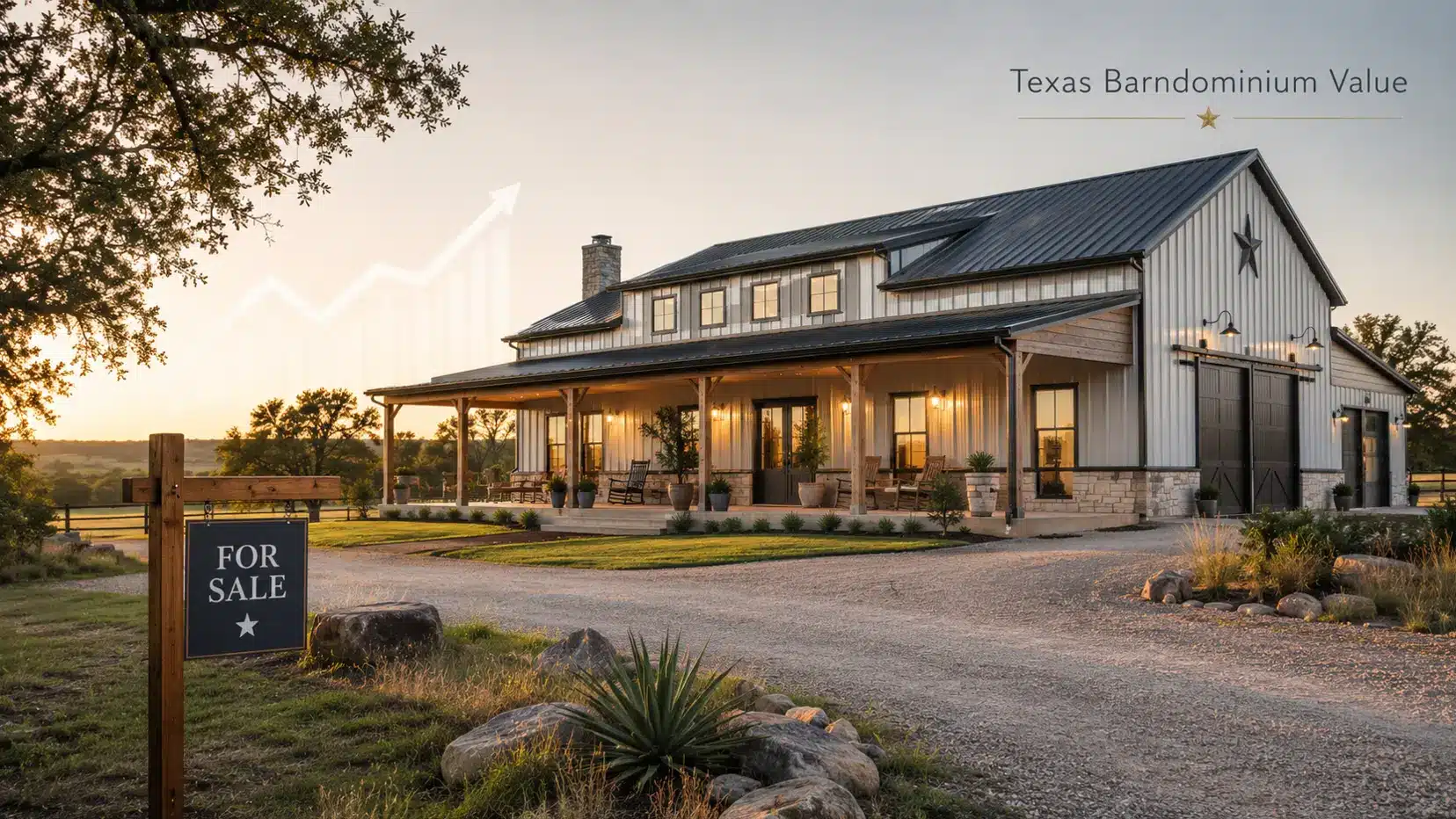 Modern Texas barndominium at sunset with a for-sale sign, illustrating barndominium resale value and long-term market demand in Texas.