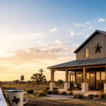 A Texas barndominium at sunset with an insurance policy clipboard and rural landscape, representing insurance considerations for barndominium owners.