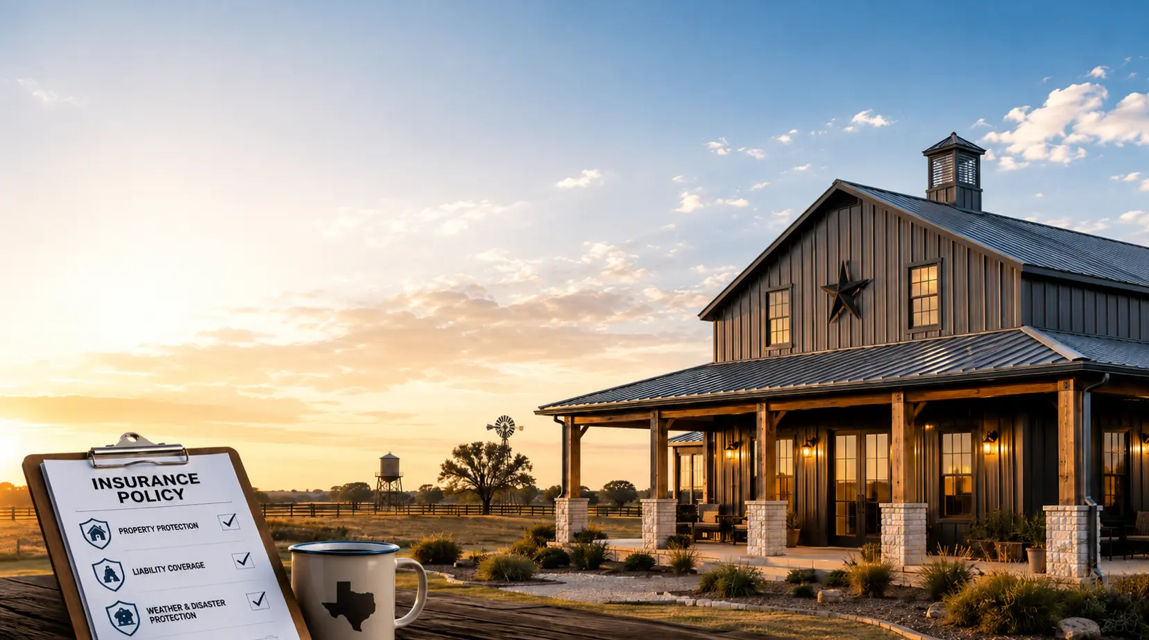 A Texas barndominium at sunset with an insurance policy clipboard and rural landscape, representing insurance considerations for barndominium owners.