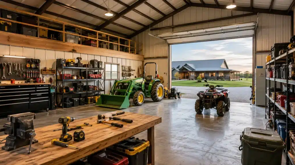 An organized barndominium workshop with tools, storage shelves, a tractor, and an ATV, illustrating coverage for equipment, tools, and personal property.