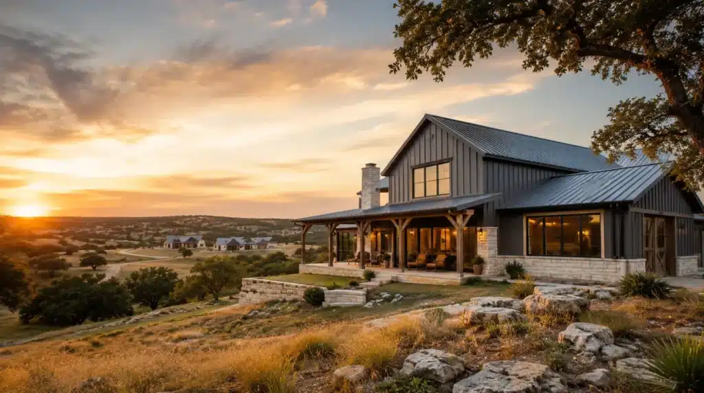 Barndo built in Texas on a rocky hill with metal roof.