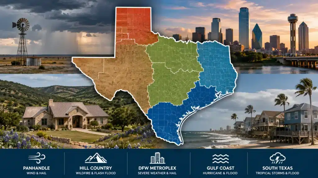 A Texas map divided into regions with surrounding scenes of plains, cities, Hill Country, and the Gulf Coast, highlighting different regional insurance risks.