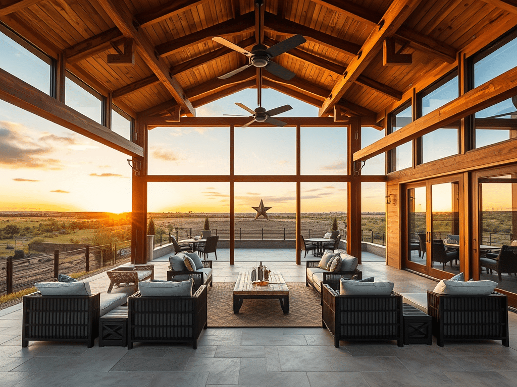 Luxury barndominium interior with vaulted wood ceiling in Buffalo, Texas