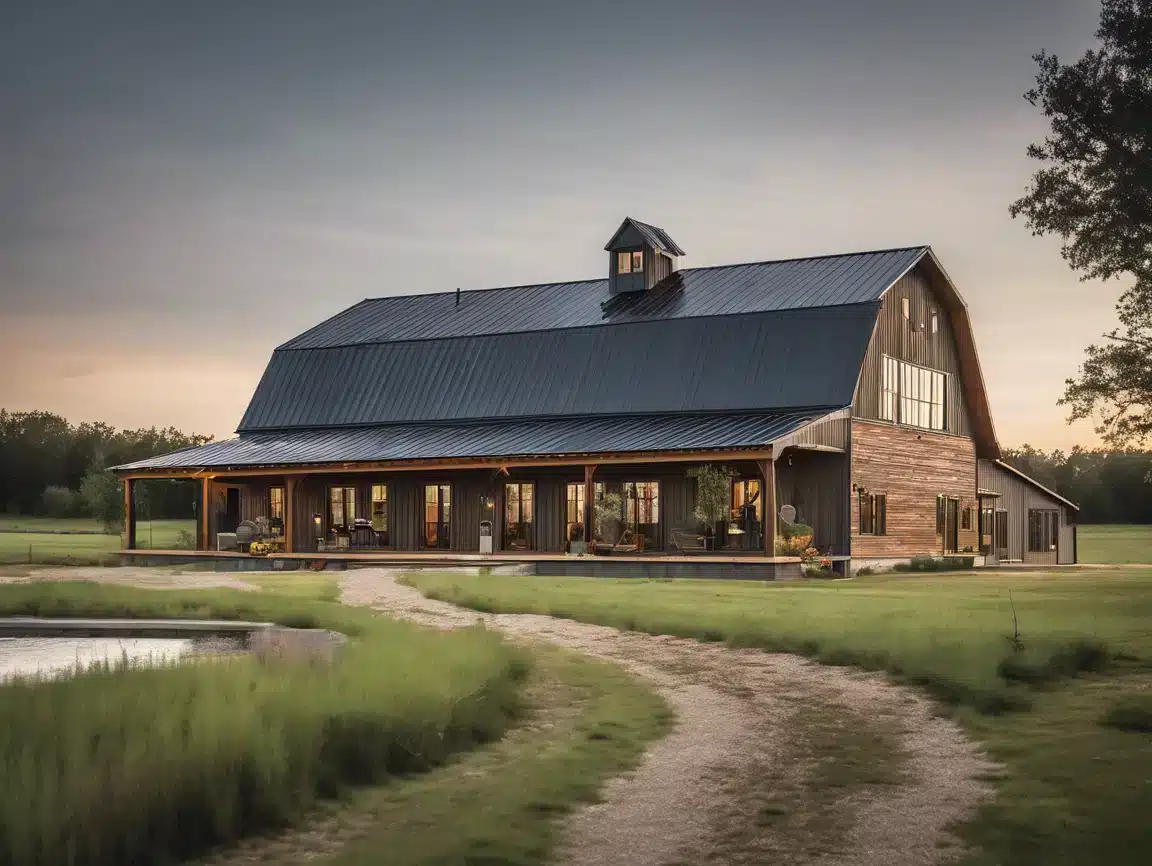 Rustic barndominium home with metal roof and wraparound porch in Waco, Texas