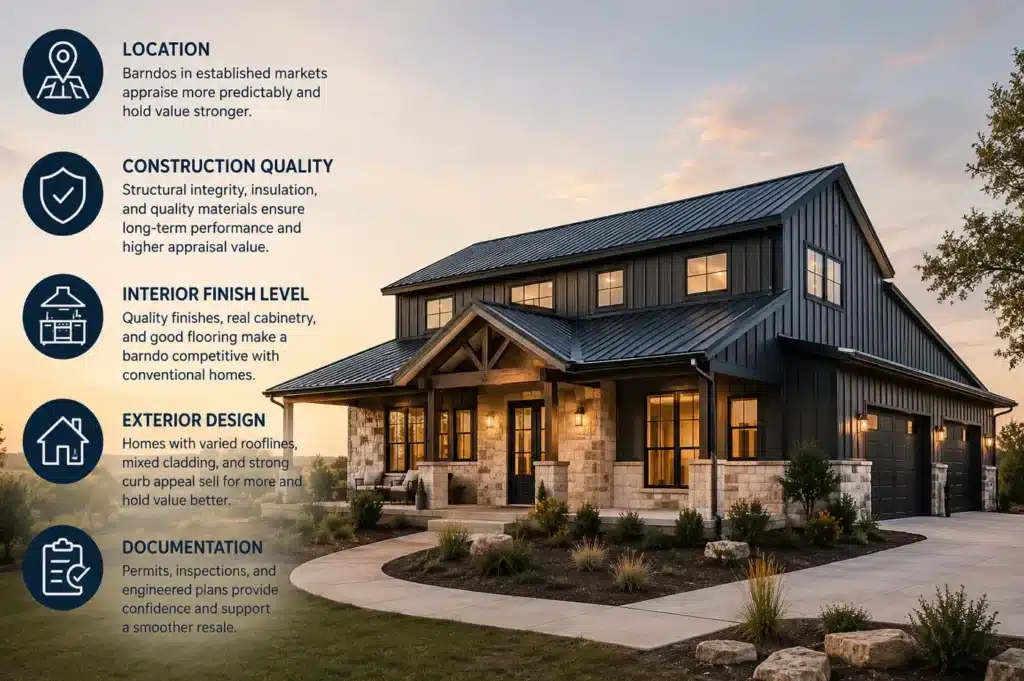 Modern Texas barndominium with icons highlighting location, construction quality, interior finish level, exterior design and permits as key factors that support property value.