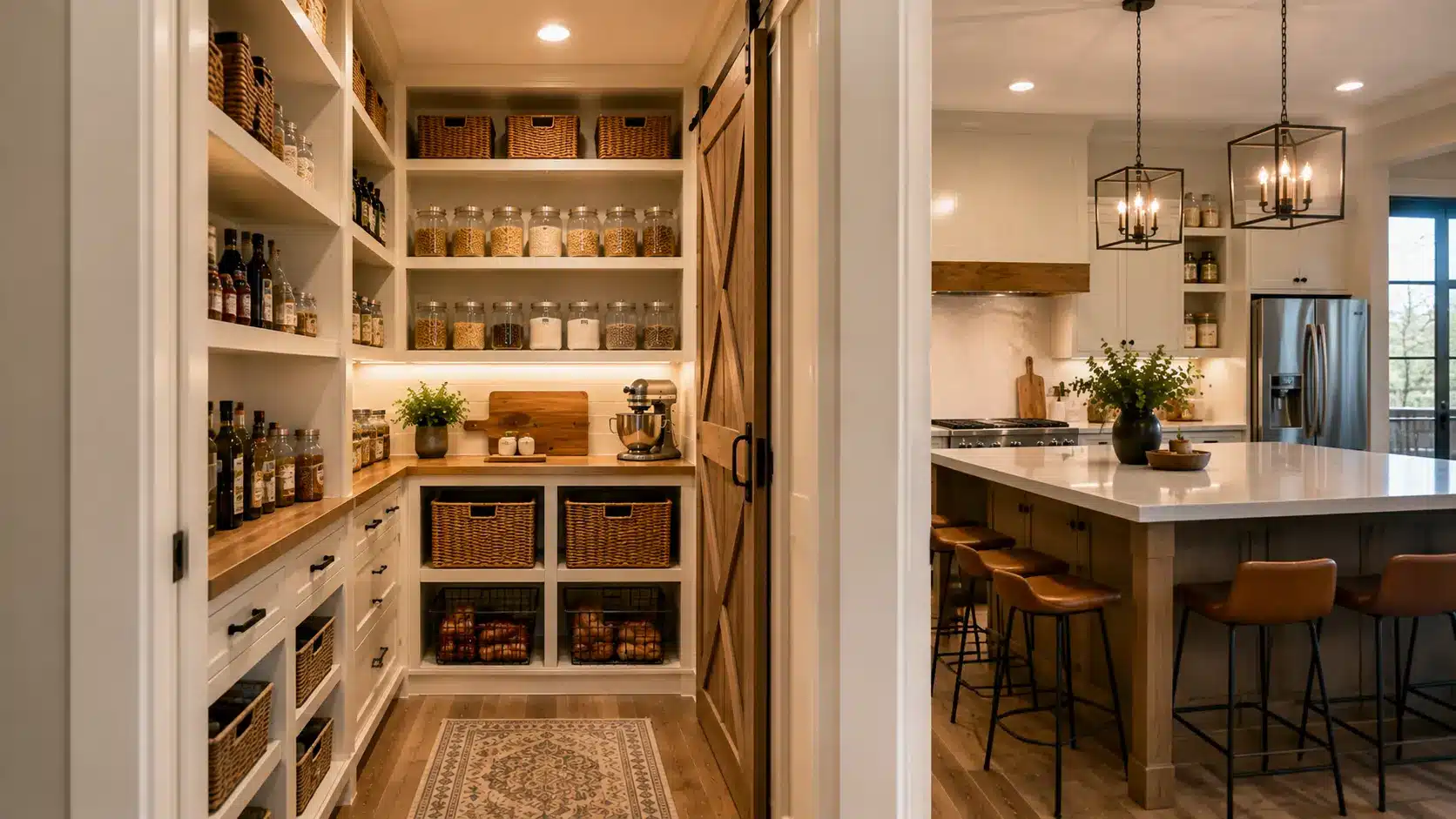 Modern barndominium kitchen with a spacious walk-in pantry, open shelving, organized food storage, appliance counter and large kitchen island.
