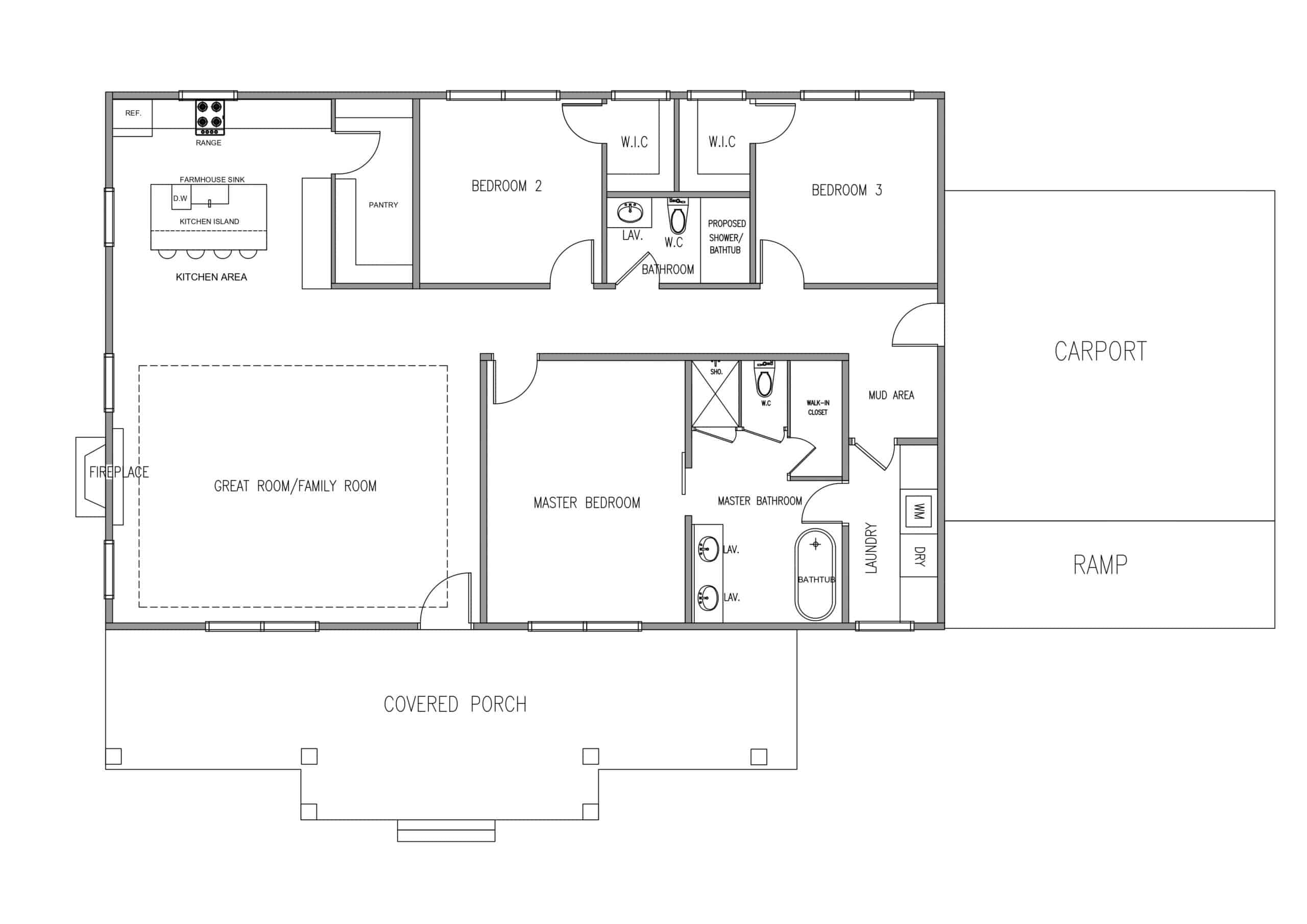 2D floor plan of The Hearthside 1,600 sq ft three-bedroom Texas barndominium with two bathrooms, open kitchen and great room, covered porch, laundry and carport.