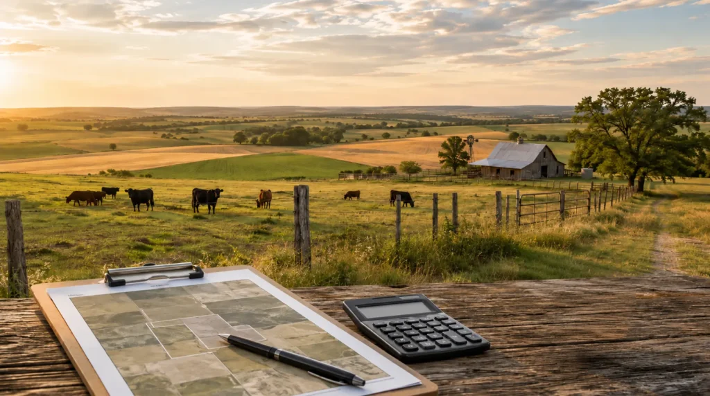 Texas ranch land with cattle, fenced acreage, a barn and farmland, with a property map and calculator representing land planning and tax considerations when building a barndominium in Texas.