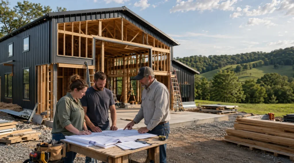 Barndominium builder discusses with the owners about the front porch design and insulation options