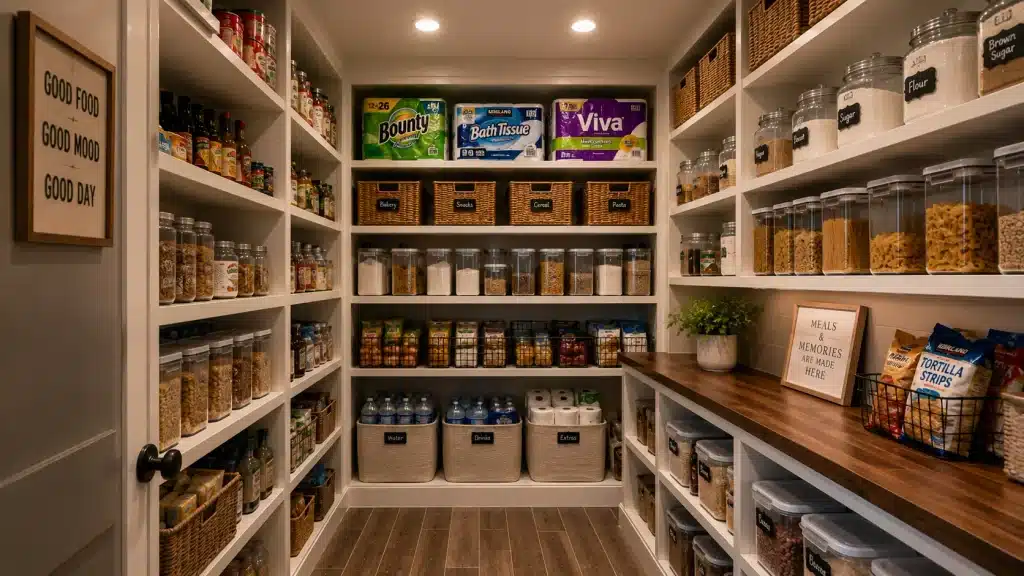 Large bulk-storage pantry with deep shelving, baskets and organized space for dry goods, drinks, paper products and household supplies.