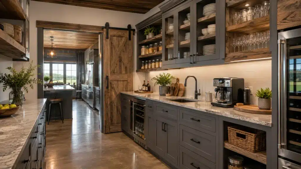 Butler’s pantry in a barndominium with cabinetry, countertop workspace, sink, beverage storage and open shelving beside the main kitchen.