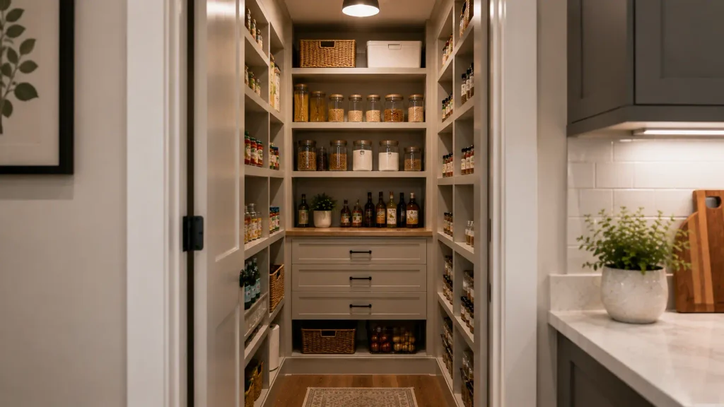 Compact reach-in pantry beside a barndominium kitchen with floor-to-ceiling shelving, drawers, baskets and organized food storage.